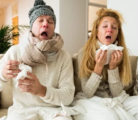Sick couple catch cold. Man and woman sneezing, coughing, got fl