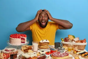Emotive dark skinned bearded guy keeps both hands on head, opens mouth from surprisement as sees too much desserts at one table, shocked his wife baked lots of confectionery for festive event