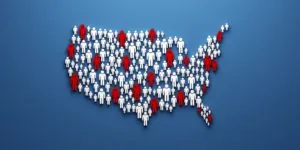 USA pandemic map of people location. Prevention and education background illustration. 3D Render illustration