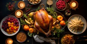 roasted turkey with vegetables and herbs is a traditional dish for thanksgiving or christmas day