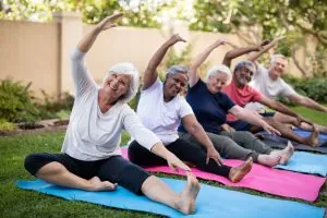 Portrait of smiling senior friends exercising at park