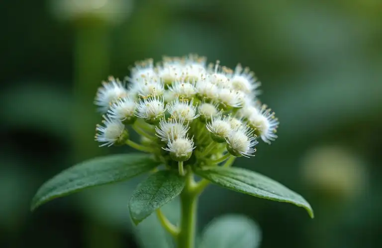 Boneset plant close up. Agueweed blooming herb flowers. Eupatorium perfoliatum used in traditional medicine. Flowering feverwort on blurred green background. Botanical floral plant with bloom used